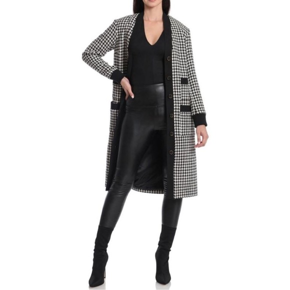BNWT Kathy Ireland® Long Black & White Houndstooth Tweed Cardigan Jacket size L - Picture 2 of 12
